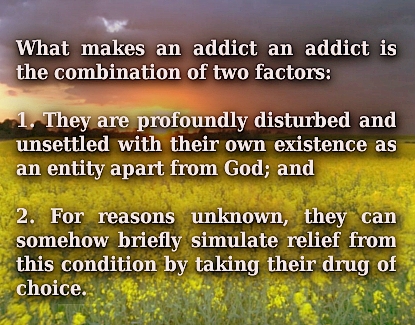 What makes an addict an addict is the combination of two factors: (1) they are profoundly disturbed and unsettled with their own existence as an entity apart from God; and (2) for reasons unknown, they can somehow briefly simulate relief from this condition by taking their drug of choice.